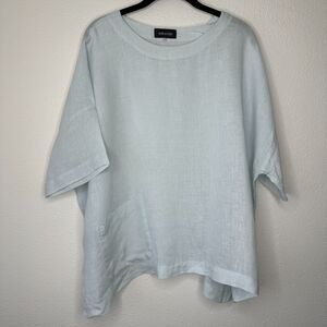 Eskandar Light Blue Boxy Linen Short Sleeve Front Pocket Round Neck Blouse Top 6